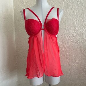 Victoria’s Secret Negligee Lipstick Red Strappy Underwire Push-Up Sheer Lingerie